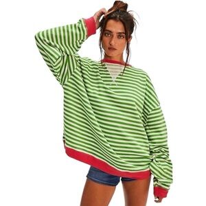 FREE PEOPLE Classic Striped Oversized Crewneck Pink Clover Combo Size M